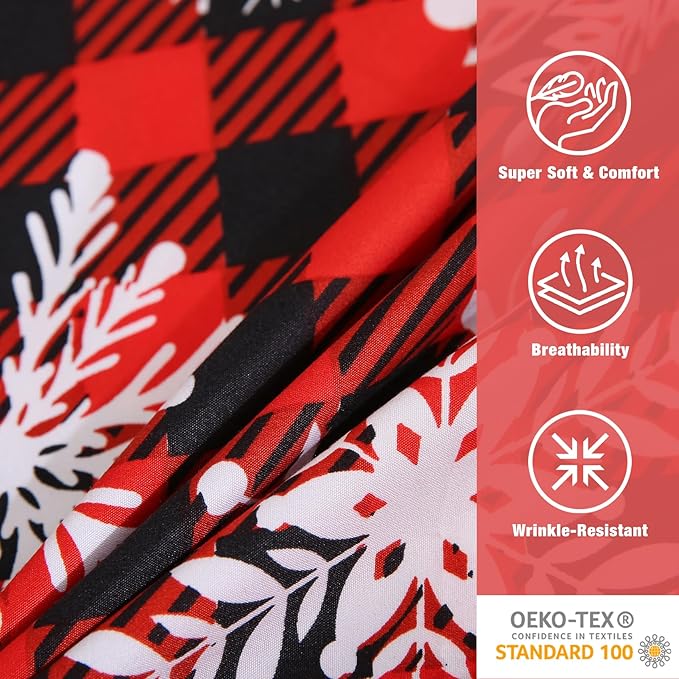 JSD Red Buffalo Plaid Snowflakes Sheet Set King Size, 4 Piece Christmas Winter Microfiber Bedding Sheets Extra Deep Pocket