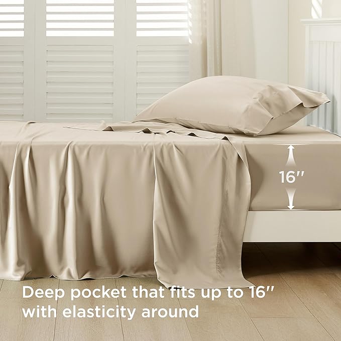 Bedsure Cooling Sheets Twin XL, Rayon Derived from Bamboo, PureWoven, Breathable & Soft Twin XL Sheet Sets, Deep Pocket Up to 16 Inches, Hotel Luxury Silky Dorm Bedding for Hot Sleepers, Beige