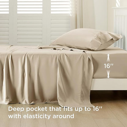Bedsure Cooling Sheets Twin XL, Rayon Derived from Bamboo, PureWoven, Breathable & Soft Twin XL Sheet Sets, Deep Pocket Up to 16 Inches, Hotel Luxury Silky Dorm Bedding for Hot Sleepers, Beige