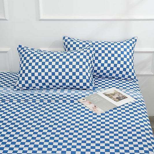Best Season Queen Size Sheet Set 4 Piece -Microfiber Soft Durable Bedding Sheet Set,Deep Pocket,Stain,Fade & Wrinkle Resistant (Plaid Blue&White)