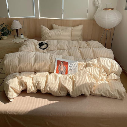 mixinni Retro Striped Duvet Cover Set Queen Size - 100% Washed Cotton Beige Duvet Cover with Black White Stripes, Soft Breathable 3 Piece Comforter Cover with Zipper Closure & Corner Ties
