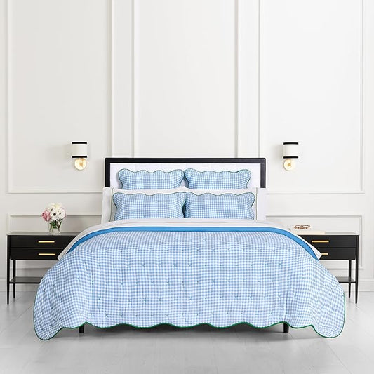 kate spade new york Joyful Gingham 3-Piece Full Queen Quilt Bedding Set, Poly-Cotton Blend Reversible Cover, All Season Warmth Bedding, Machine Washable, Windy Blue