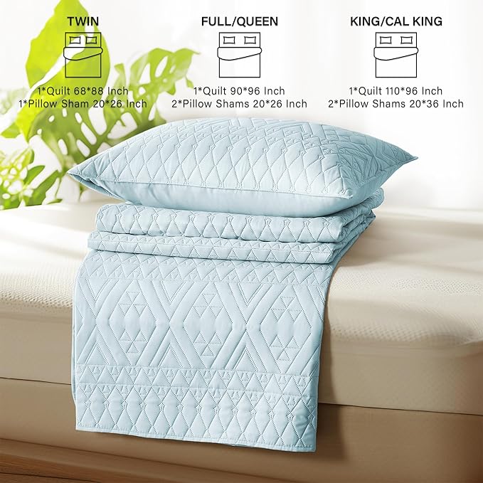 akkialla Twin Size Quilt Bedding Set,Sky Blue Lightweight Microfiber Soft Bedspreads,Modern Style Geoetric Pattern Coverlet Set for All Seasons,2 Piece(1 Quilt,1Pillow Sham)