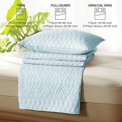 akkialla Full/Queen Size Quilt Bedding Set,Sky Blue Lightweight Microfiber Soft Bedspread,Modern Style Geoetric Pattern Coverlet Set for All Seasons,3 Piece(1 Quilt,2 Pillow Shams)