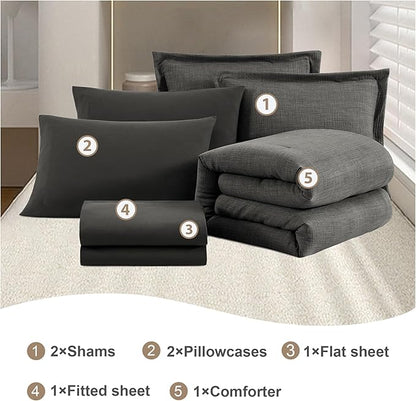 Geniospin Full Comforter Set - 7 Pieces Comforter Full Size, Solid Bedding Sets for All Season, Textured Bed in a Bag with Flat Sheet and Fitted Sheet, Pillowcases and Shams (Grey, 80''x90'')