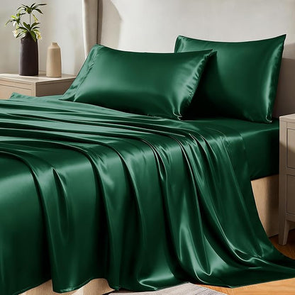 CozyLux Satin Sheets Queen Size Bed Set - 4 Piece Silky Queen Sheet Set, Luxury Dark Green Queen Sheets with Smooth and Soft Microfiber, Includes 1 Fitted Sheet, 1 Flat Sheet and 2 Pillowcases