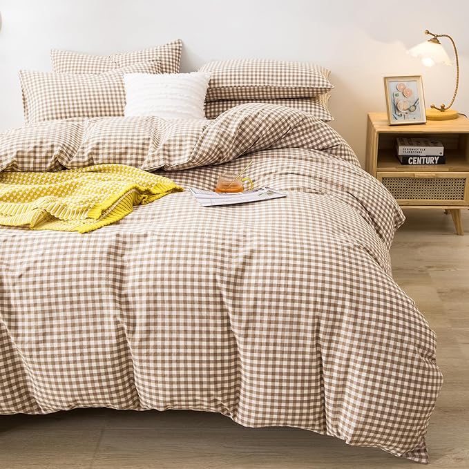 mixinni Tan Gingham Comforter Set King, Plaid Comforter Set 3 Pieces 1 Beige Grid Comfoter with 2 Pillow Cases for All Seasons, Soft Fluffy Modern Grid Pattern Printed Bedding-King Size