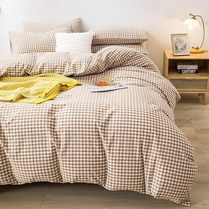 mixinni Tan Gingham Comforter Set King, Plaid Comforter Set 3 Pieces 1 Beige Grid Comfoter with 2 Pillow Cases for All Seasons, Soft Fluffy Modern Grid Pattern Printed Bedding-King Size