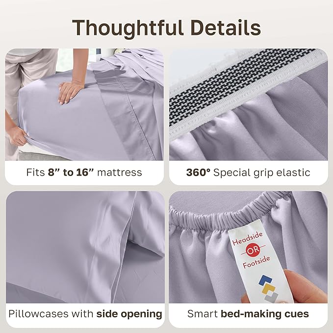 California Design Den Luxury Queen Sheet Set - 1000 Thread Count Sateen, Thick and Natural 100% Cotton Sheets Queen Size, Deep Pockets, Durable Bedding - Lavender Grey