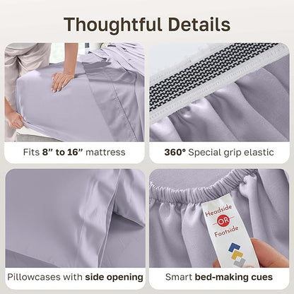 California Design Den Luxury Queen Sheet Set - 1000 Thread Count Sateen, Thick and Natural 100% Cotton Sheets Queen Size, Deep Pockets, Durable Bedding - Lavender Grey