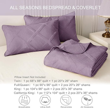 Exclusivo Mezcla Quilt Set Oversized King Size, 3 Pieces Dusty Lavender Cal King Quilt Bedding Set, Lightweight Quilts Soft Bedspreads Modern Striped Coverlets for All Seasons