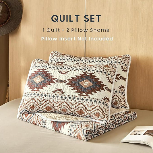 Wake In Cloud - Western Quilt Set, Southwestern Aztec Country Style with Rustic Ranch Vibe, Reversible Lightweight Bedspread Coverlet, 3 Pieces, Beige Brown, Twin/Twin XL Size