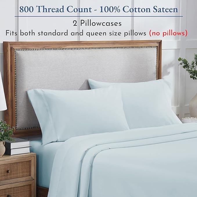 California Design Den Pillowcases Queen Size Set of 2 - Luxuriously Soft and Thick 800 Thread Count, Smooth Sateen, Natural 100% Cotton Pillowcases Standard/Queen, Durable - Blue (Grey Tone)
