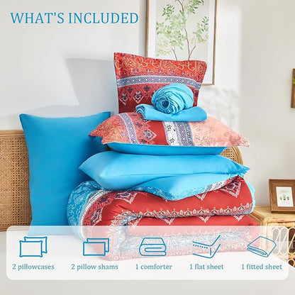 Boho Comforter Set Queen - 7 Pieces Bed in a Bag, Bohemian Striped Comforter Set with Sheets, Soft Microfiber Colorful Floral Bedding Set for All Season