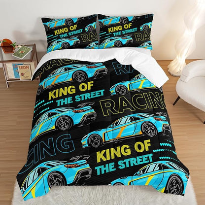Car Bed for Boys Queen Comforter Set,Kids Racing Car Comforter Extreme Sports Bedding Set for Teens Boys Race Car Room Decor,Cool Blue Themed Children's Bedding with 2 Pillowcases.