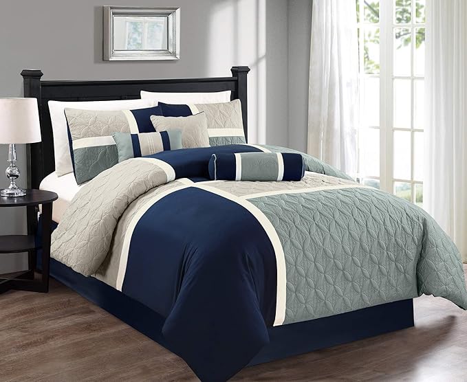 Chezmoi Collection Upland 7-Piece Quilted Patchwork Comforter Set, Navy/Blue/Gray, King