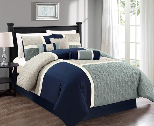 Chezmoi Collection Upland 7-Piece Quilted Patchwork Comforter Set, Navy/Blue/Gray, King