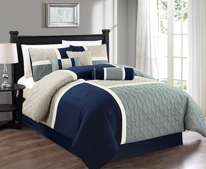 Chezmoi Collection Upland 7-Piece Quilted Patchwork Comforter Set, Navy/Blue/Gray, California King