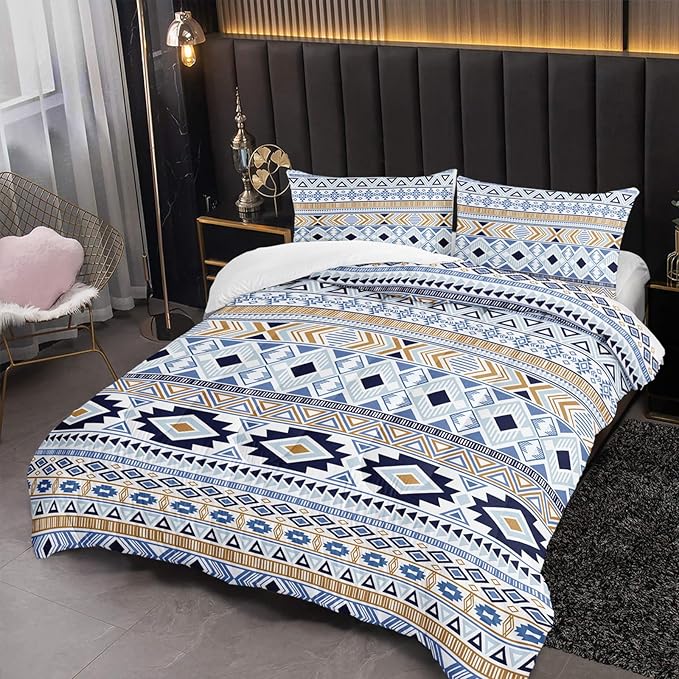 Native American Stripe Comforter Set Full Size Blue Southwestern Bedding Sets 3PCS for Kids Teen Adult Room Decor Ultra-Soft Lightweight Microfiber 1 Comforter with 2 Pillowcases