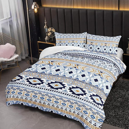 Native American Stripe Comforter Set Full Size Blue Southwestern Bedding Sets 3PCS for Kids Teen Adult Room Decor Ultra-Soft Lightweight Microfiber 1 Comforter with 2 Pillowcases