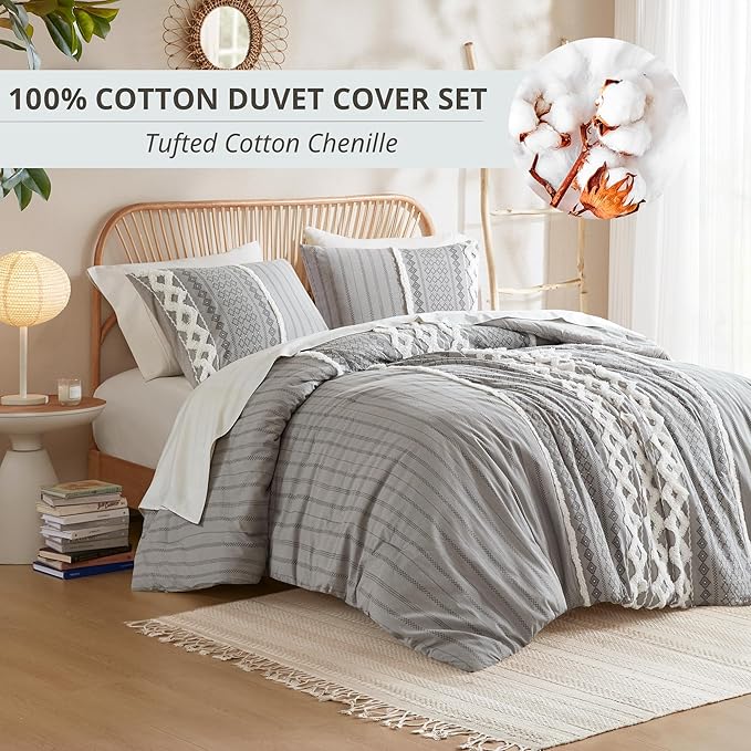 INK+IVY Imani 100% Cotton Duvet Mid Century Modern Design, All Season Comforter Cover Bedding Set, Matching Shams, Full/Queen, Gray Chenille Tufted Accent 3 Piece