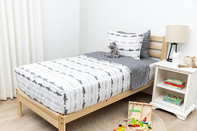 Beddy's Great White Zipper Bedding - Durable Zip-On Sheets & Comforter for Kids - Bed in a Bag - Easy Make Bedding - Machine Washable - Includes Pillowcase & Sham - Grey Shark - Twin