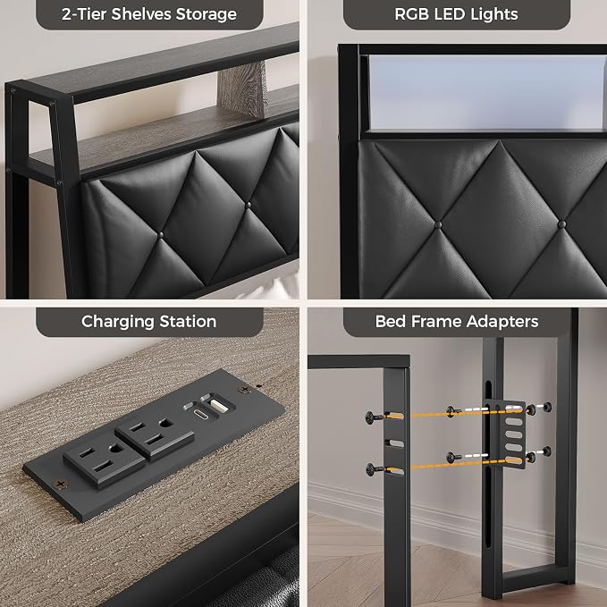Full Headboard Only, Headboard for Full Size Bed with Storage, Upholstered Headboards with LED Lights & Charging Station, Attach Frame, Ideal for Bedroom/Dorm/Guest Room, Black, Faux Leather