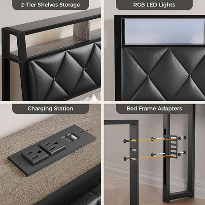 Full Headboard Only, Headboard for Full Size Bed with Storage, Upholstered Headboards with LED Lights & Charging Station, Attach Frame, Ideal for Bedroom/Dorm/Guest Room, Black, Faux Leather