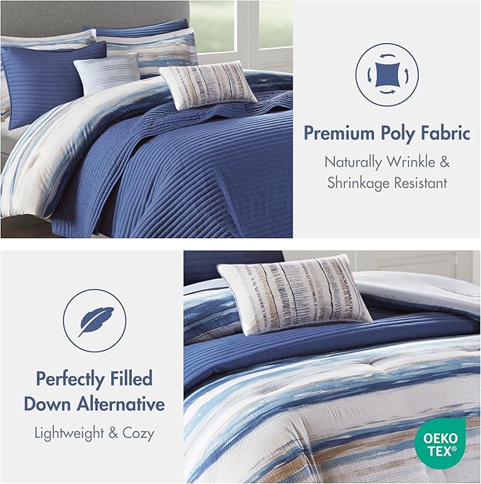 Madison Park Marina Comforter Quilt Combo Set - Modern Luxury Design, All Season Down Alternative Bedding, Matching Shams, Decorative Pillows, King/Cal King(104"x92") Seersucker Blue 8 Piece