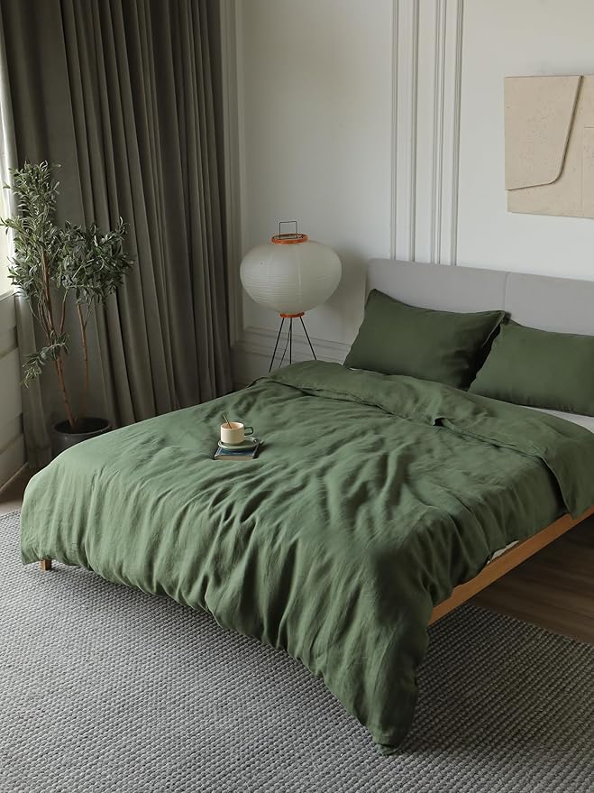 XZ XIFA Green Linen Duvet Cover Queen, 100% Washed French Flax Linen Bedding with Zipper Closure, Cooling for Hot Sleepers, Textured Bed Sets - 1 Duvet Cover and 2 Pillowcases