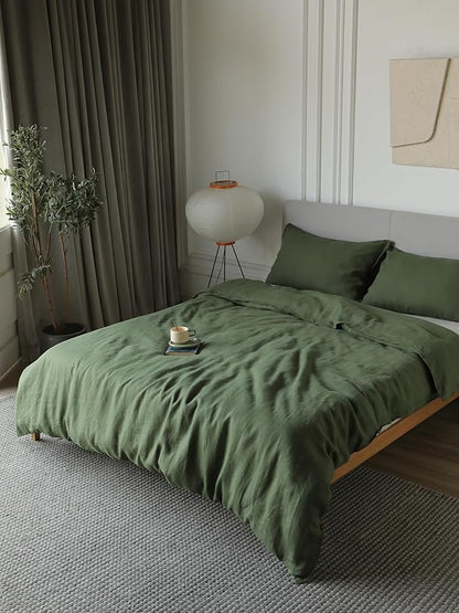 XZ XIFA Green Linen Duvet Cover Queen, 100% Washed French Flax Linen Bedding with Zipper Closure, Cooling for Hot Sleepers, Textured Bed Sets - 1 Duvet Cover and 2 Pillowcases