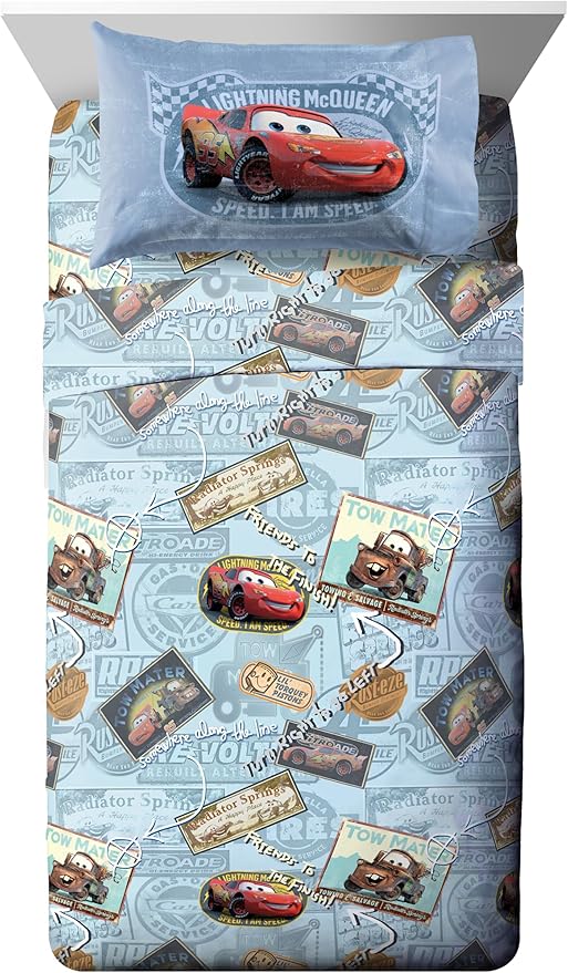 Disney/Pixar Cars Tune Up Blue/Gray 4 Piece Full Sheet Set with Lightning McQueen & Mater (Official Disney/Pixar Product)