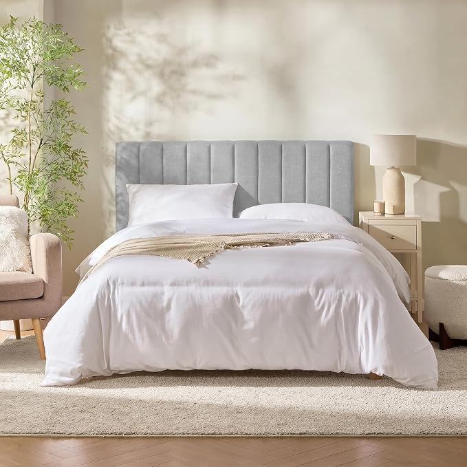 Hearth & Harbor Wall Mounted King Headboard Only, Bed Headboard King Size | Easy Assemble, Floating Peel and Stick, Upholstered, Channel Stitched, 3D Wall Panels, 5 Strips of 3M Tape Included, Silver