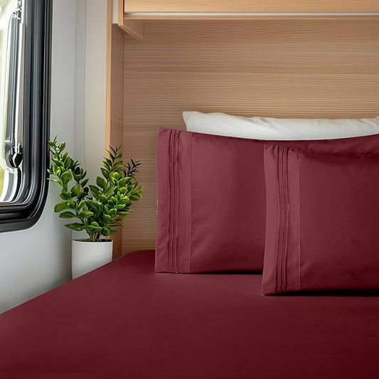 Elegant Comfort Luxurious 1500 Premium Hotel Quality Microfiber Three Line Embroidered Softest 4-Piece Bed Sheet Set, Wrinkle and Fade Resistant, RV Short Queen, Burgundy