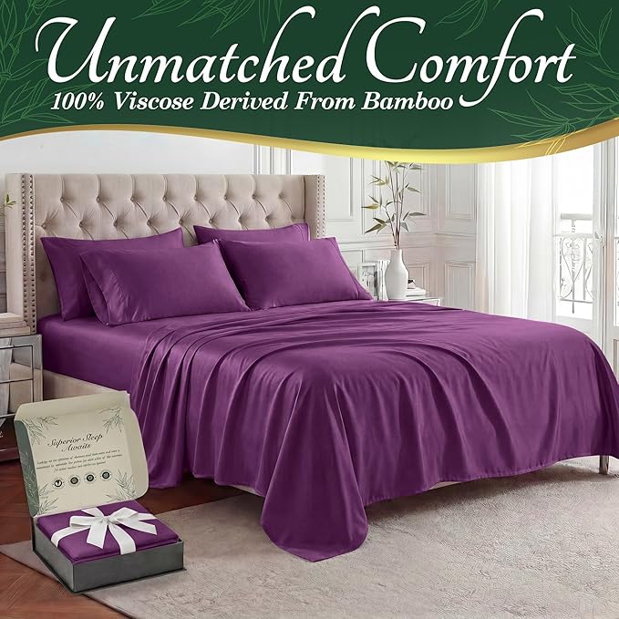 DECOLURE 100% Viscose Derived from Bamboo Sheets Queen Size - Luxury 6 Pc Naturally Cooling Sheets, Ultra Soft Bed Set - Deep 17" Pockets, Durable Double Stitching, Oeko Tex Standard (Purple)