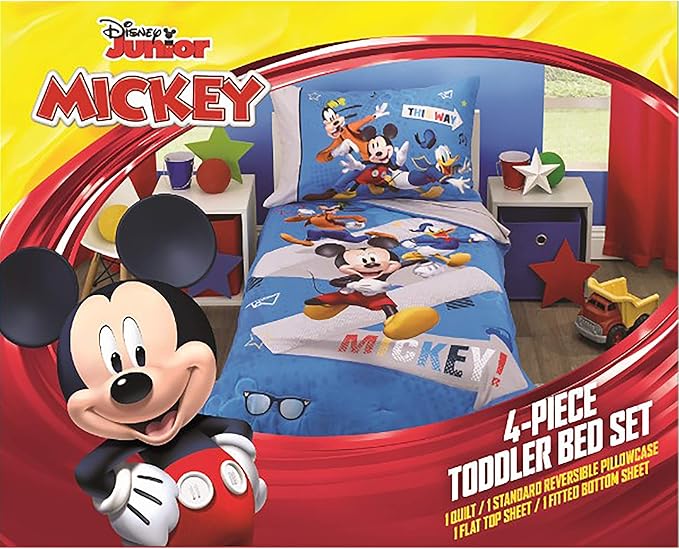 Disney Mickey Mouse and Pals 4 Piece Toddler Bedding Set - Fitted Sheet, Pillow Case, Top Sheet, and Comforter Quilt - Blue