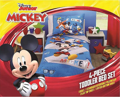 Disney Mickey Mouse and Pals 4 Piece Toddler Bedding Set - Fitted Sheet, Pillow Case, Top Sheet, and Comforter Quilt - Blue