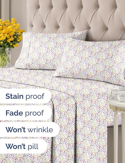 Floral Sheets - Flower Print Bed Sheet Set - 1 Flat, 1 Fitted & 1 Pillowcase w/ Deep Pockets - Comfy, Cozy, Wrinkle & Fade Free - Boho Botanical Bedding - Soft, Breathable & Cooling - Twin XL Size Set