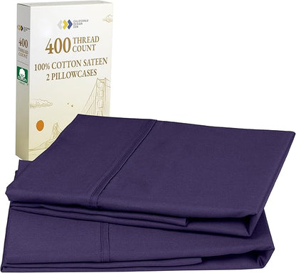 California Design Den Standard Queen Size Pillowcase Set - 400 Thread Count, 100% Cotton Sateen, Set of 2 Pillow Covers, Soft and Breathable - Dark Purple