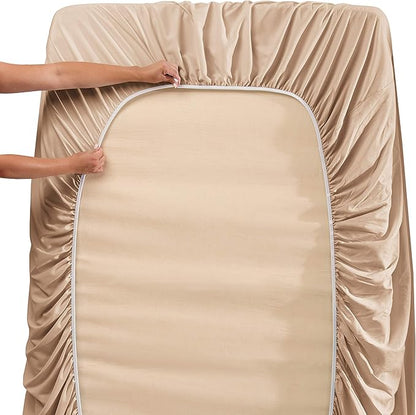 Hearth & Harbor Luxury Soft 6 Piece Bed Sheet Set Extra Deep Pocket Fitted Sheets Fits Mattress up to 21", Double Brushed Bedding, Split King Size, Taupe