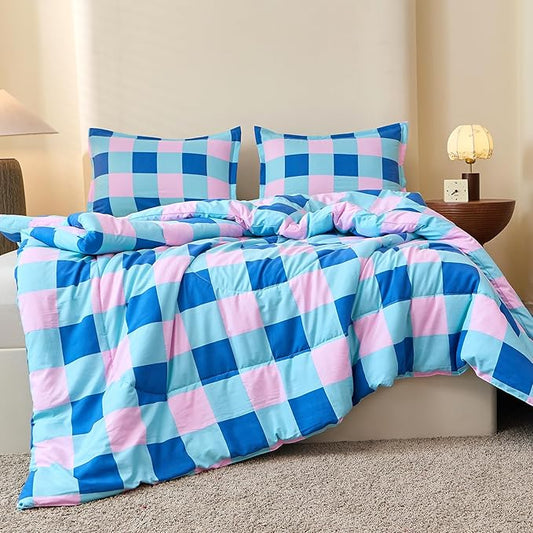 Caressma Checkered Comforter Set Full Size, Blue and Pink Plaid Comforter Bedding Set, Grid Gingham Fluffy Comforter Home Decor