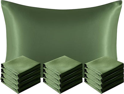 NTBAY 12 Pack Satin Standard Pillowcases for Hair and Skin, Luxurious and Silky Pillow Cases with Envelope Closure, 20 x 26 Inches, Olive Green