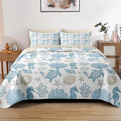 Quilt Set King Size, Sea Shell Coral Seahorse 3 Pcs Soft Bed Cover Bedding Set for Kids and Adults, Starfish Nautical Lightweight Bedspread Coverlet with Pillow Sham for All Season