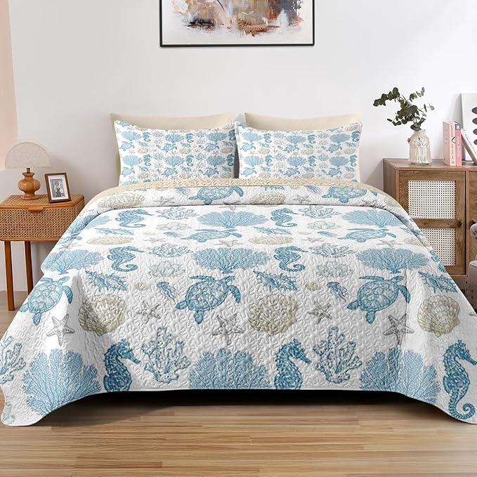 Quilt Set Full/Queen Size, Sea Shell Coral Seahorse 3 Pcs Soft Bed Cover Bedding Set for Kids and Adults, Starfish Nautical Lightweight Bedspread Coverlet with Pillow Sham for All Season