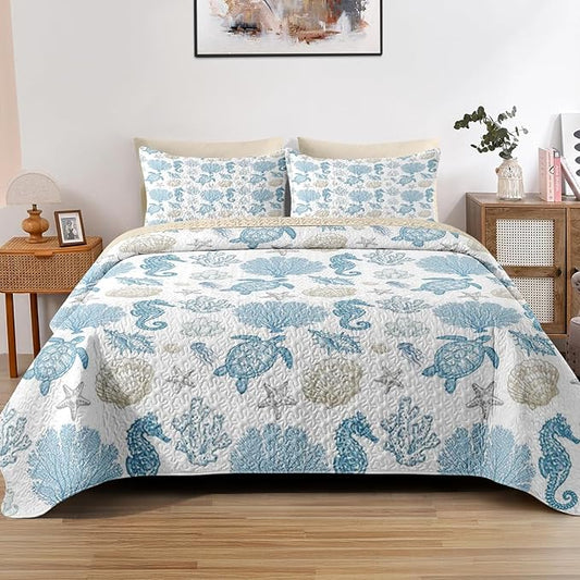 Quilt Set Full/Queen Size, Sea Shell Coral Seahorse 3 Pcs Soft Bed Cover Bedding Set for Kids and Adults, Starfish Nautical Lightweight Bedspread Coverlet with Pillow Sham for All Season