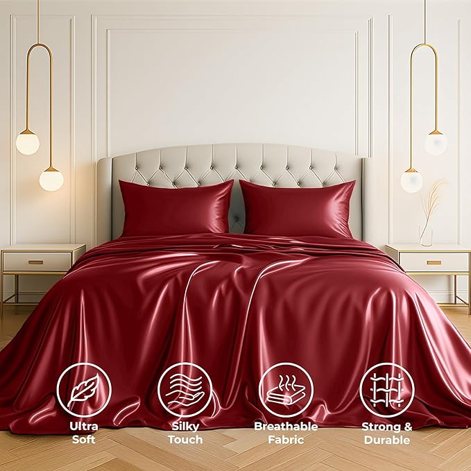 Satin Sheets King [4-Piece, Burgundy] Hotel Luxury Silky Bed Sheets - Extra Soft 1800 Microfiber Sheet Set, Wrinkle, Fade, Stain Resistant - Deep Pocket Fitted Sheet, Flat Sheet, Pillow Cases