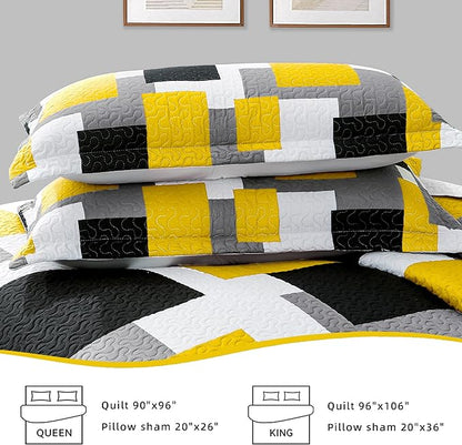 2 Piece Yellow Grey Quilt Set Twin Size Yellow Gray White Geometric Reversible Bedding Set Microfiber Lightweight Bedspread Coverlet with 1 Sham Modern Bed Cover for All Season, 68''x86''