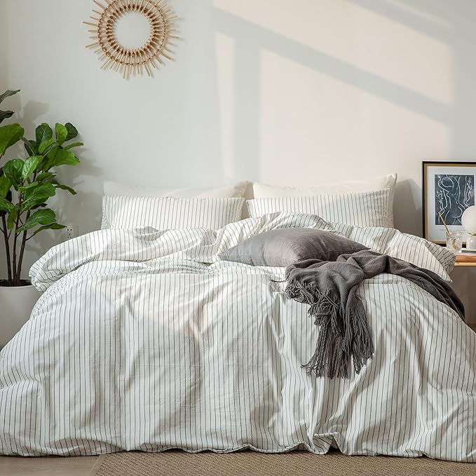 MooMee Striped Duvet Cover Set 100% Washed Cotton Linen Like Textured Breathable Durable Soft Comfy (White Dark Grey Wide Stripes, Oversized King Plus 128"x120")
