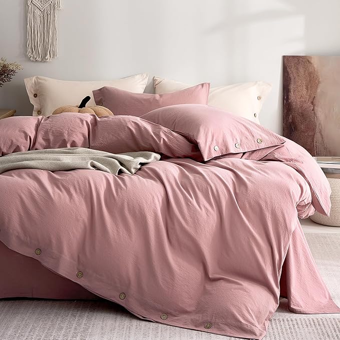 JELLYMONI 100% Washed Cotton Duvet Cover King – Soft, Breathable Linen-Look Bedding with Natural Wrinkle Texture, Button Closure, 3-Piece Set (Darker Rose, 104"x90")
