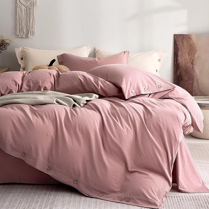 JELLYMONI 100% Washed Cotton Duvet Cover King – Soft, Breathable Linen-Look Bedding with Natural Wrinkle Texture, Button Closure, 3-Piece Set (Darker Rose, 104"x90")